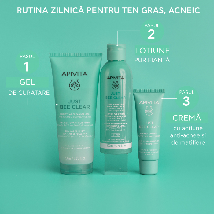 Lotiune purifianta pentru pori dilatati cu 2% AHA, Acid salicilic vegetal si propolis patentat AmC, JUST BEE CLEAR, 200ml, Apivita  [3]