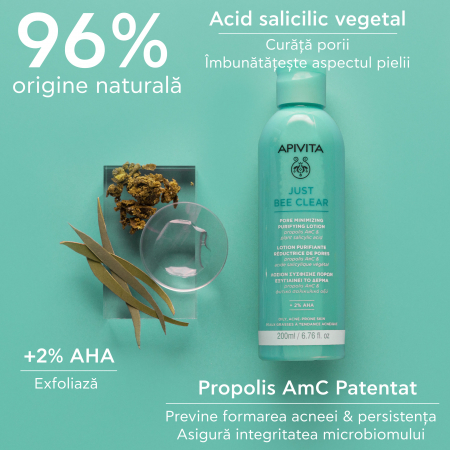 Acnee - Lotiune purifianta pentru pori dilatati cu 2% AHA, Acid salicilic vegetal si propolis patentat AmC, JUST BEE CLEAR, 200ml, Apivita 
