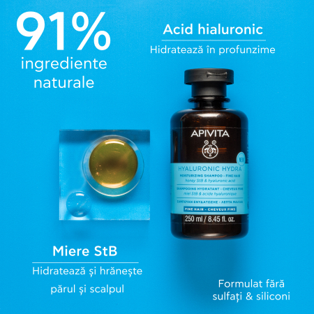 Sampon hidratant, HYALURONIC HYDRA pentru PAR FIN, 250 ml, Apivita [2]