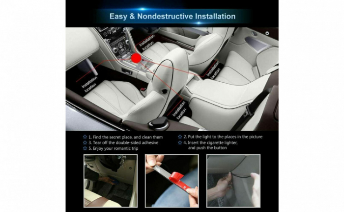 Kit iluminare ambientala auto banda LED RGB, interior masina, 4 benzi, multicolor, 12V, aplicatie dedicata iOS, Android [9]