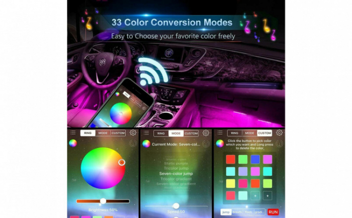 Kit iluminare ambientala auto banda LED RGB, interior masina, 4 benzi, multicolor, 12V, aplicatie dedicata iOS, Android [7]