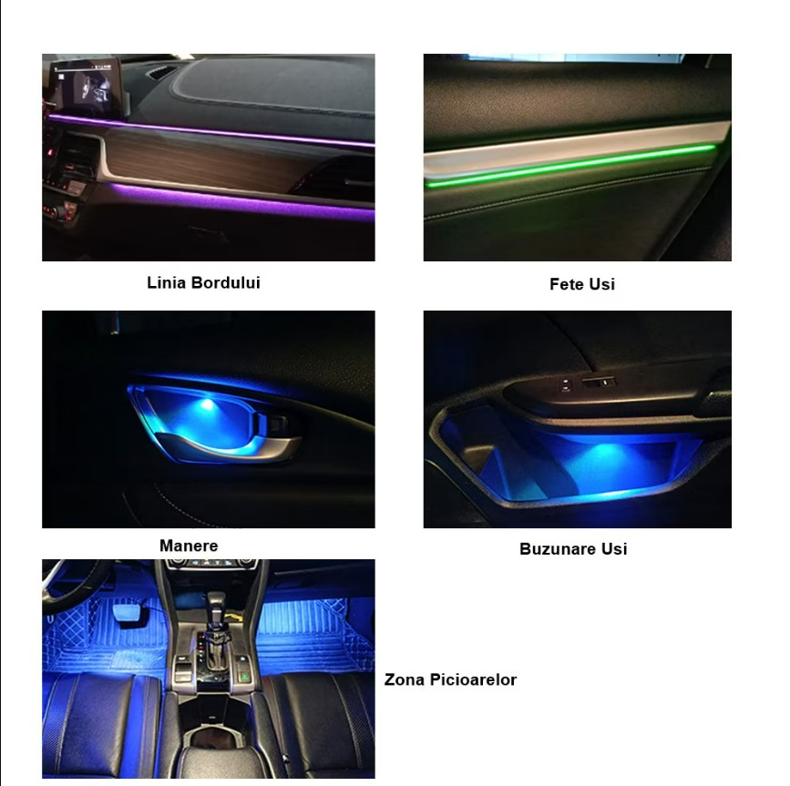 Kit Lumini Ambientale Premium LED interior auto, Acrilice, RGB, 18 in 1, Conexiune Wireless, Iluminare pentru Bord, Fata Usa, Manere, Buzunare si Zona Picioarelor, cu control prin Aplicatie bluetooth [6]
