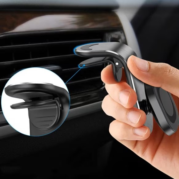 Suport auto premium cu magnet puternic pentru telefon, prindere pe grila de ventilatie, compact, universal, rotire 360 grade, aluminiu, negru [9]