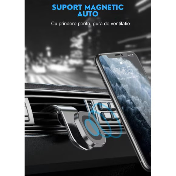 Suport auto premium cu magnet puternic pentru telefon, prindere pe grila de ventilatie, compact, universal, rotire 360 grade, aluminiu, negru [6]