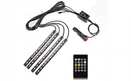 Iluminare interioara - Kit iluminare ambientala auto banda LED RGB, interior masina, 4 benzi, 48 leduri, senzor muzica, multicolor, 12V, cu telecomanda