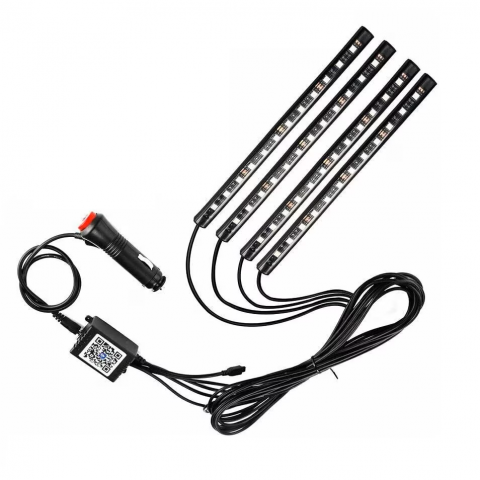 Iluminare interioara - Kit iluminare ambientala auto banda LED RGB, interior masina, 4 benzi, multicolor, 12V, aplicatie dedicata iOS, Android