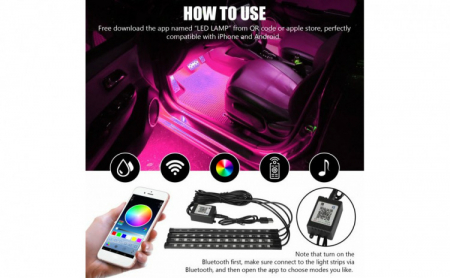 Kit iluminare ambientala auto banda LED RGB, interior masina, 4 benzi, multicolor, 12V, aplicatie dedicata iOS, Android [10]