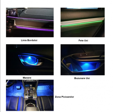 Kit Lumini Ambientale Premium LED interior auto, Acrilice, RGB, 18 in 1, Conexiune Wireless, Iluminare pentru Bord, Fata Usa, Manere, Buzunare si Zona Picioarelor, cu control prin Aplicatie bluetooth [5]