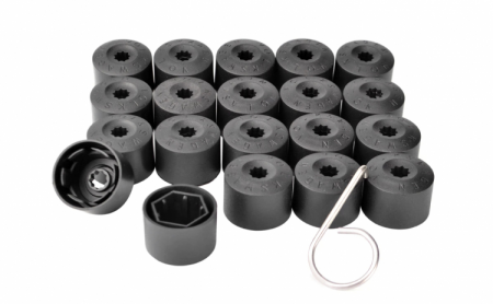Accesorii auto - Set 20 capace prezoane de 17 mm si cheie de scos capace, VW/ Audi/ Skoda, 16 buc hexagonale si 4 buc antifurt, negru mat