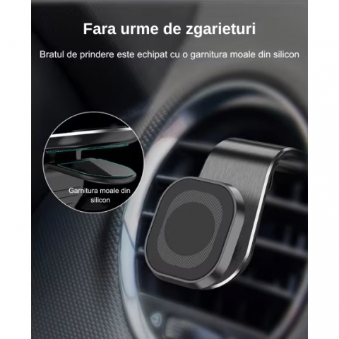 Suport auto premium cu magnet puternic pentru telefon, prindere pe grila de ventilatie, compact, universal, rotire 360 grade, aluminiu, negru [7]