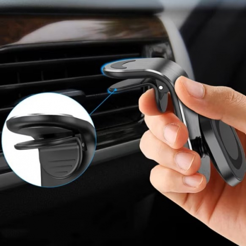 Suport auto premium cu magnet puternic pentru telefon, prindere pe grila de ventilatie, compact, universal, rotire 360 grade, aluminiu, negru [8]