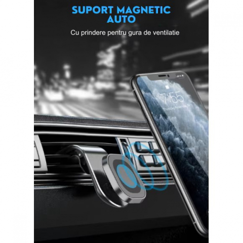 Suport auto premium cu magnet puternic pentru telefon, prindere pe grila de ventilatie, compact, universal, rotire 360 grade, aluminiu, negru [5]