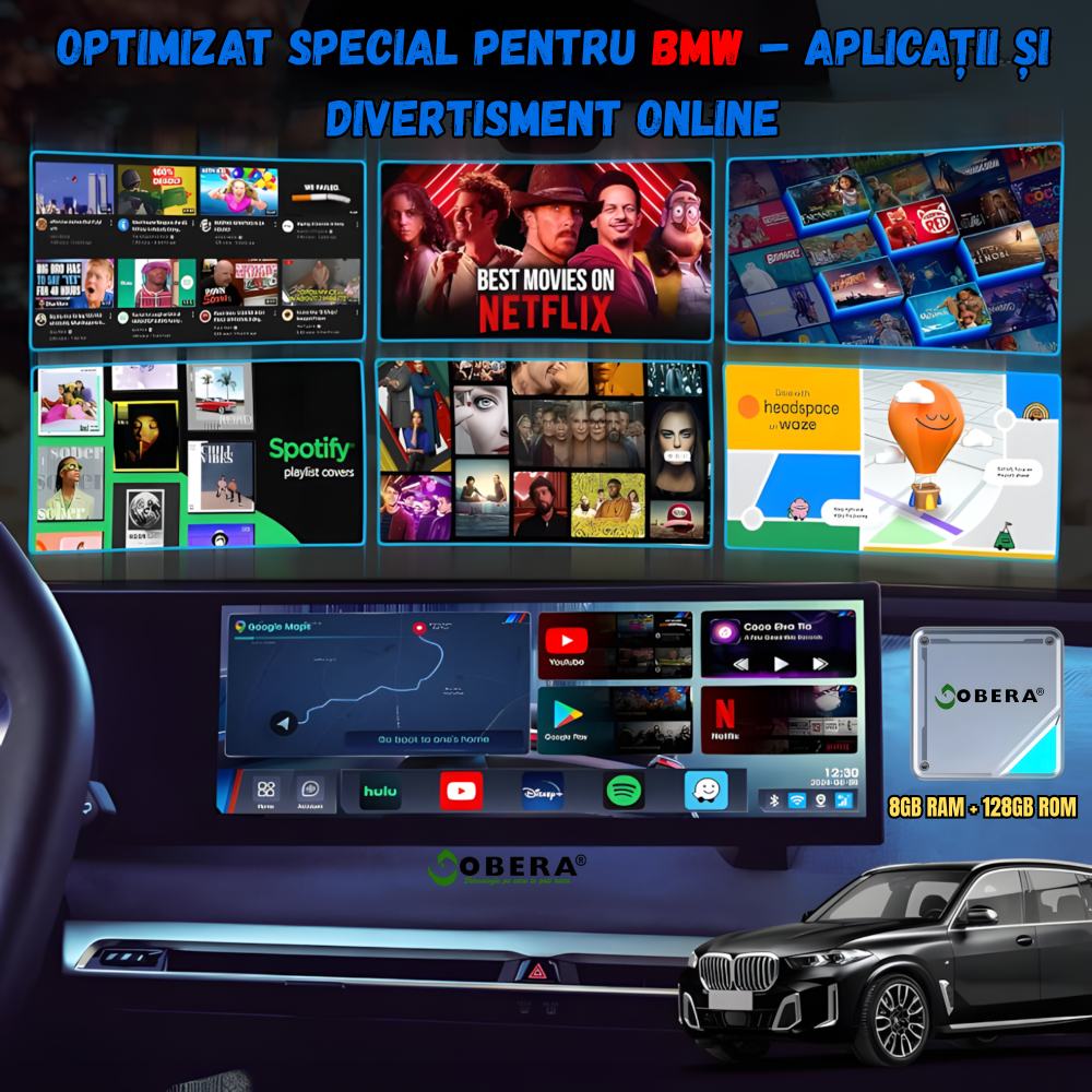 Adaptor AI Box pentru BMW, goBERA®, Android 13, Snapdragon QCM6125, 8GB RAM + 128GB ROM, Wi-Fi Dual 2.4/5GHz, Bluetooth 5.2, Split-Screen 5:5/3:7, GPS+GLONASS+Beidou, Aplicatii Multimedia, Plug & Play [7]