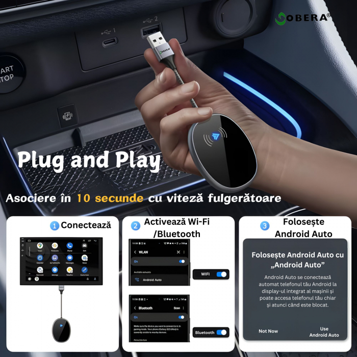 Adaptor Android Auto wireless goBERA®, Pentru masini cu AndroId Auto de fabrica prin cablu, Modul Android Auto, Android 11+, Procesor AI, Bluetooth 5.1, WiFi 5Ghz, Configurare usoara Plug and Play [7]