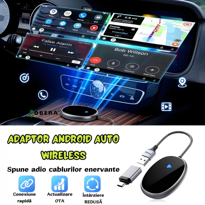 Adaptor Android Auto wireless goBERA®, Pentru masini cu AndroId Auto de fabrica prin cablu, Modul Android Auto, Android 11+, Procesor AI, Bluetooth 5.1, WiFi 5Ghz, Configurare usoara Plug and Play [6]