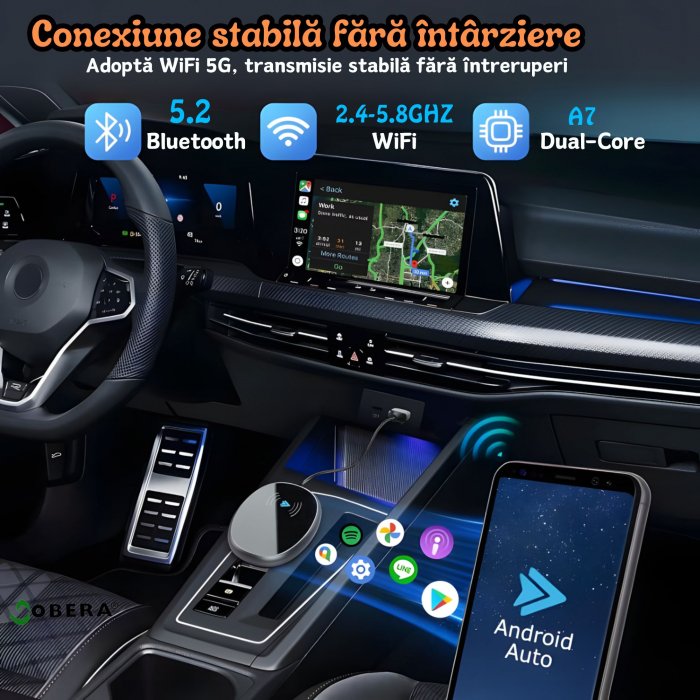 Adaptor Android Auto wireless goBERA®, Pentru masini cu AndroId Auto de fabrica prin cablu, Modul Android Auto, Android 11+, Procesor AI, Bluetooth 5.1, WiFi 5Ghz, Configurare usoara Plug and Play [4]