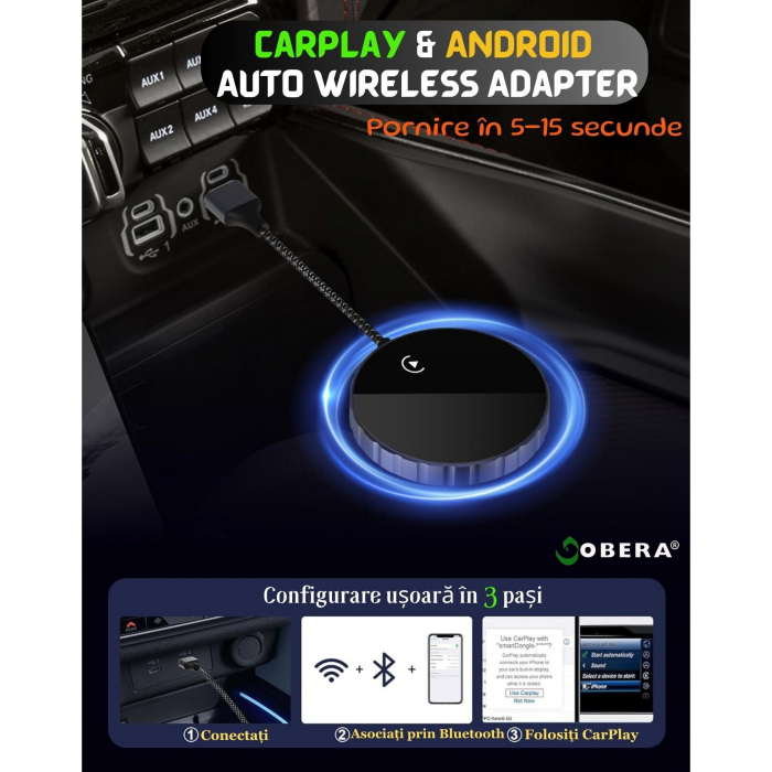 Adaptor Auto Wireless 2 în 1 goBERA® – CarPlay & Android Auto, iOS 10+/Android 11+, Wi-Fi 5GHz, Plug & Play, USB-A/C, Negru [5]