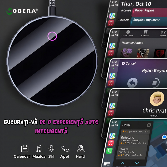 Adaptor Auto Wireless 2 în 1 goBERA® – CarPlay & Android Auto, iOS 10+/Android 11+, Wi-Fi 5GHz, Plug & Play, USB-A/C, Negru [6]
