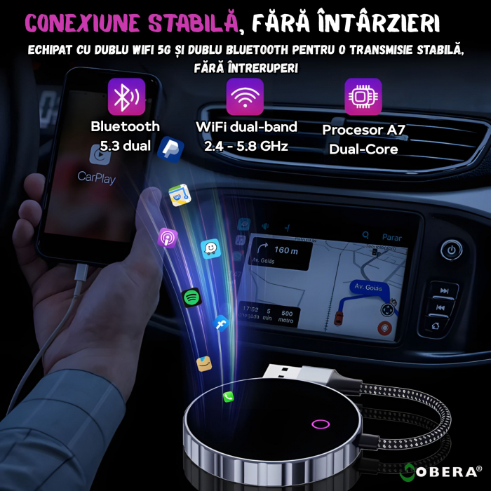 Adaptor Auto Wireless 2 în 1 goBERA® – CarPlay & Android Auto, iOS 10+/Android 11+, Wi-Fi 5GHz, Plug & Play, USB-A/C, Negru [9]