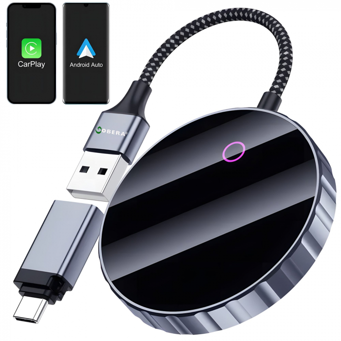 Adaptor Auto Wireless 2 în 1 goBERA® – CarPlay & Android Auto, iOS 10+/Android 11+, Wi-Fi 5GHz, Plug & Play, USB-A/C, Negru [1]