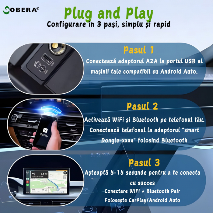 Adaptor Auto Wireless 2 in 1 goBERA®, Pentru masini cu Carplay/AndroId de fabrica prin cablu, Compatibil IOS 10+ si Android 11+, WiFi 5Ghz, Procesor AI, Configurare usoara Plug and Play, USB-A/C [4]