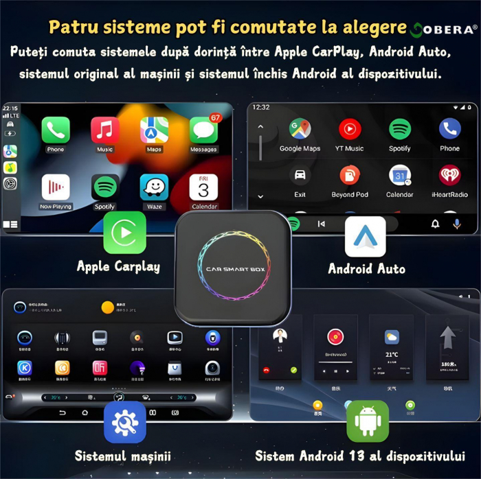 Adaptor auto Wireless CarPlay/Android Auto, AI Box Android 13 goBERA®, Procesor Octa-Core, 4GB RAM+64GB ROM, Conectivitate 4G, Pentru masini cu CarPlay cu fir din fabrica, Streaming YouTube si Netflix [6]
