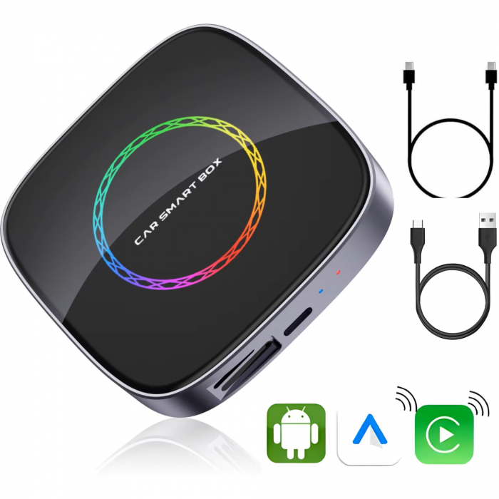 Adaptor auto Wireless CarPlay/Android Auto, AI Box Android 13 goBERA®, Procesor Octa-Core, 4GB RAM+64GB ROM, Conectivitate 4G, Pentru masini cu CarPlay cu fir din fabrica, Streaming YouTube si Netflix [1]