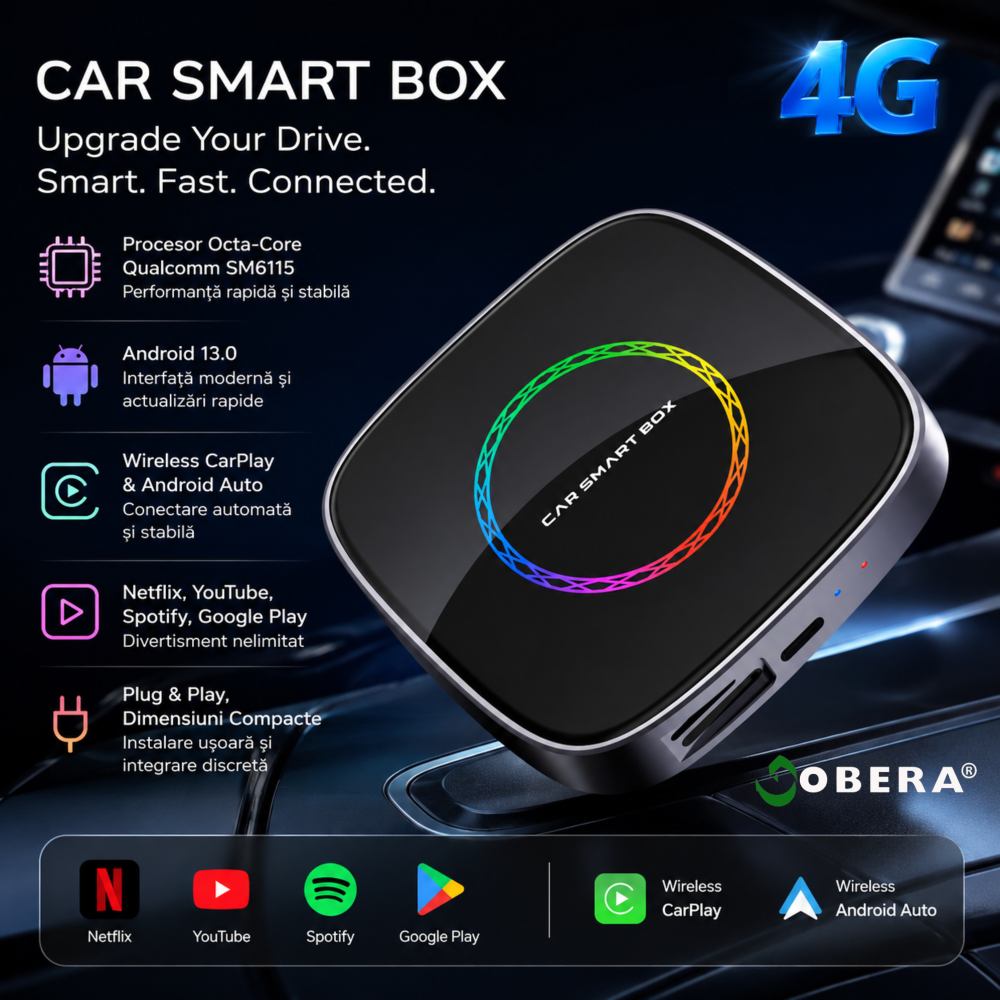 Adaptor auto Wireless CarPlay/Android Auto, AI Box Android 13 goBERA®, Procesor Octa-Core, 4GB RAM+64GB ROM, Conectivitate 4G, Pentru masini cu CarPlay cu fir din fabrica, Streaming YouTube si Netflix [2]