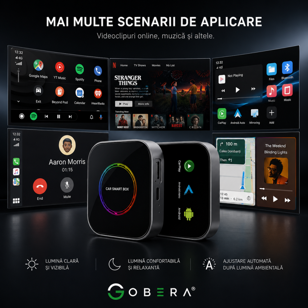 Adaptor auto Wireless CarPlay/Android Auto, AI Box Android 13 goBERA®, Procesor Octa-Core, 4GB RAM+64GB ROM, Conectivitate 4G, Pentru masini cu CarPlay cu fir din fabrica, Streaming YouTube si Netflix [10]