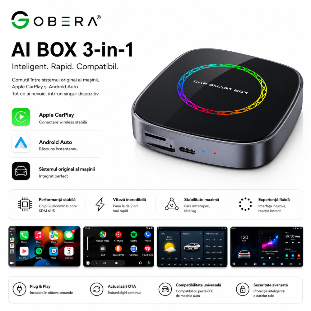 Adaptor auto Wireless CarPlay/Android Auto, AI Box Android 13 goBERA®, Procesor Octa-Core, 4GB RAM+64GB ROM, Conectivitate 4G, Pentru masini cu CarPlay cu fir din fabrica, Streaming YouTube si Netflix [7]