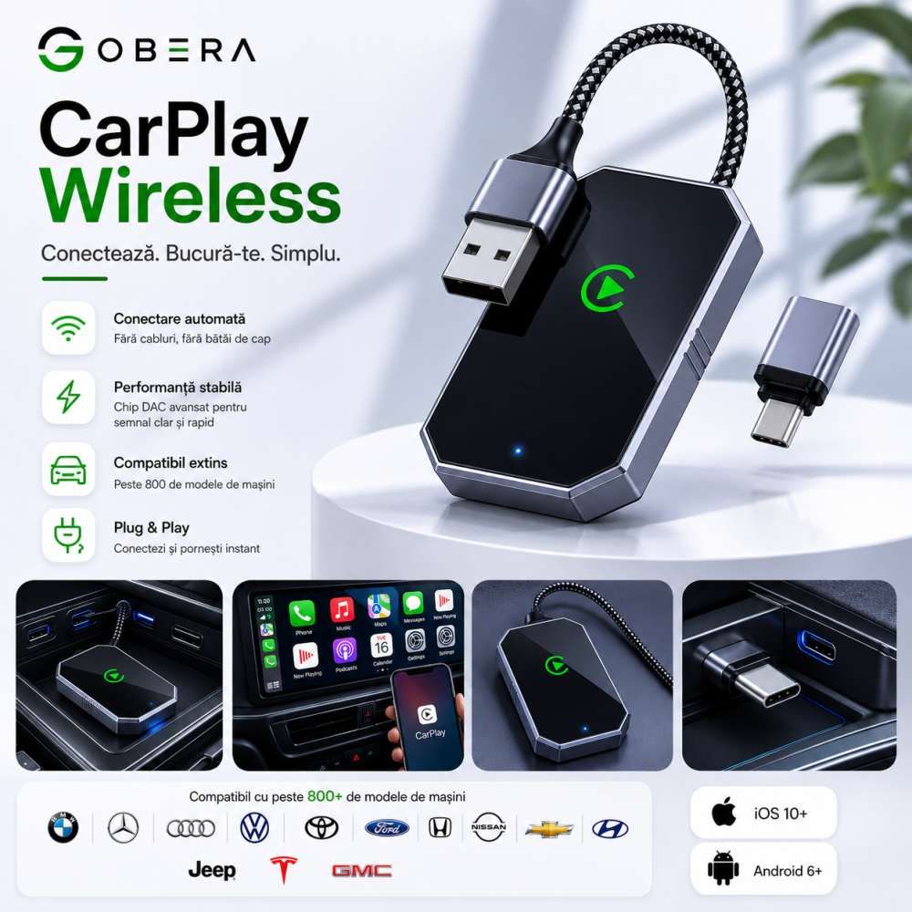 Adaptor Auto Wireless goBERA®, Pentru masini cu Carplay de fabrica prin cablu, Modul Apple CarPlay, WiFi 5Ghz, Bluetooth 5.3, Procesor AI, Compatibil IOS 10+, Conectare Automata, Plug and Play, Negru [2]