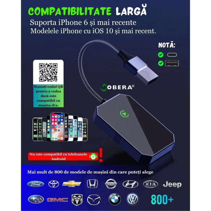 Adaptor Auto Wireless goBERA®, Pentru masini cu Carplay de fabrica prin cablu, Modul Apple CarPlay, WiFi 5Ghz, Bluetooth 5.3, Procesor AI, Compatibil IOS 10+, Conectare Automata, Plug and Play, Negru [2]
