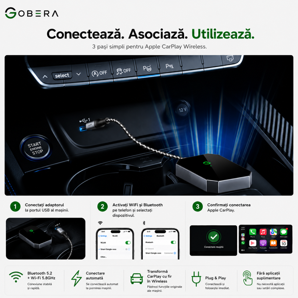 Adaptor Auto Wireless goBERA®, Pentru masini cu Carplay de fabrica prin cablu, Modul Apple CarPlay, WiFi 5Ghz, Bluetooth 5.3, Procesor AI, Compatibil IOS 10+, Conectare Automata, Plug and Play, Negru [10]