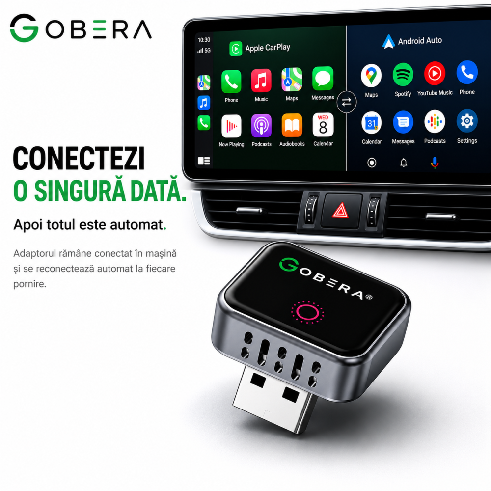 Adaptor Wireless CarPlay & Android Auto goBERA® Mini – Bluetooth 5.3, Wi-Fi 5G, Plug & Play, Reconectare automată, Compatibil iPhone & Android [3]
