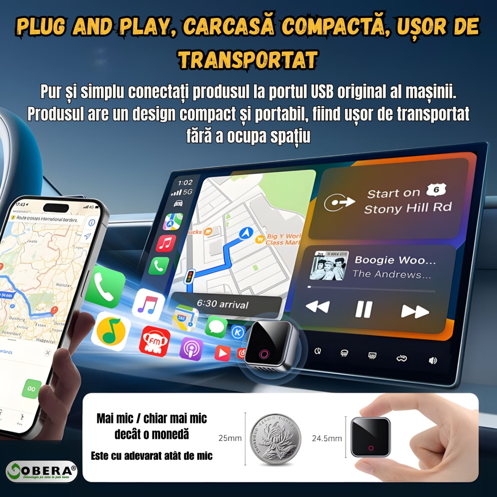 Adaptor Mini Wireless goBERA®️ CarPlay & Android Auto, Plug & Play, Bluetooth 5.3, Wi-Fi 5G, Procesor A7, Control Vocal & Touch, Reconectare Automată, iOS & Android, Design Compact Aluminiu, Negru [5]