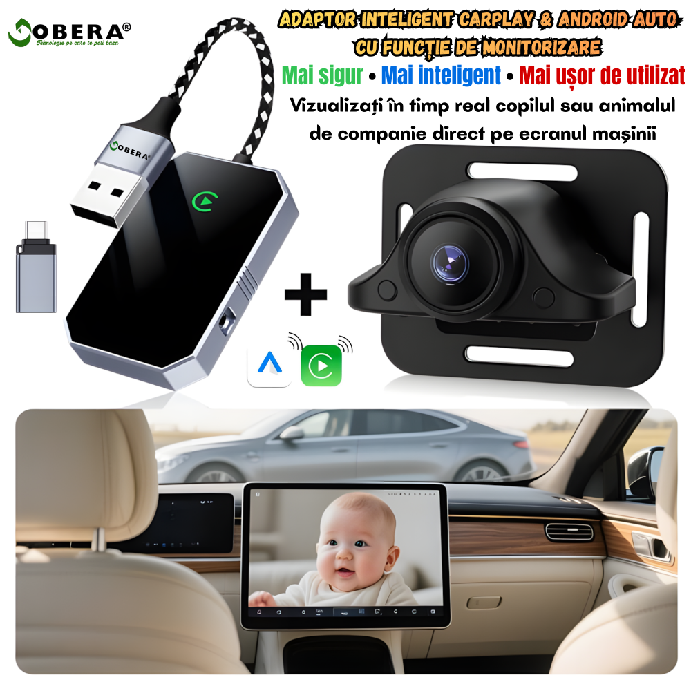 Adaptor Smart Car Monitor goBERA®️CarPlay & Android Auto Wireless, Plug & Play, Bluetooth 5.0, Wi-Fi 5G, procesor A7, control vocal și touch, reconectare automată, PIP, compatibil iOS & Android, Negru [2]