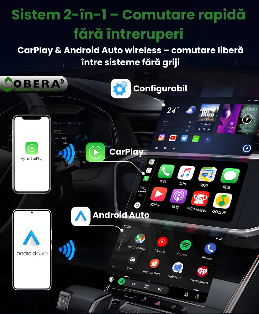 Adaptor Smart Car Monitor goBERA®️CarPlay & Android Auto Wireless, Plug & Play, Bluetooth 5.0, Wi-Fi 5G, procesor A7, control vocal și touch, reconectare automată, PIP, compatibil iOS & Android, Negru [3]