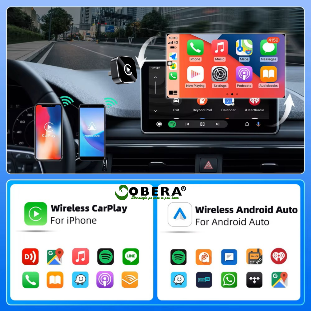 Adaptor Wireless 2-în-1 goBERA®️ CarPlay & Android Auto, compatibil cu vehicule echipate din fabrică cu CarPlay, Bluetooth 5.0, Wi-Fi Dual-Band 2.4/5GHz, Plug & Play, control vocal, port USB [6]