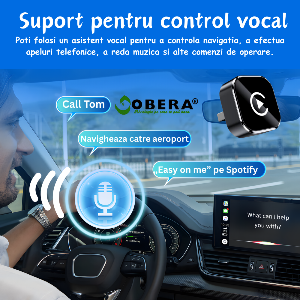 Adaptor Wireless 2-în-1 goBERA®️ CarPlay & Android Auto, compatibil cu vehicule echipate din fabrică cu CarPlay, Bluetooth 5.0, Wi-Fi Dual-Band 2.4/5GHz, Plug & Play, control vocal, port USB [4]