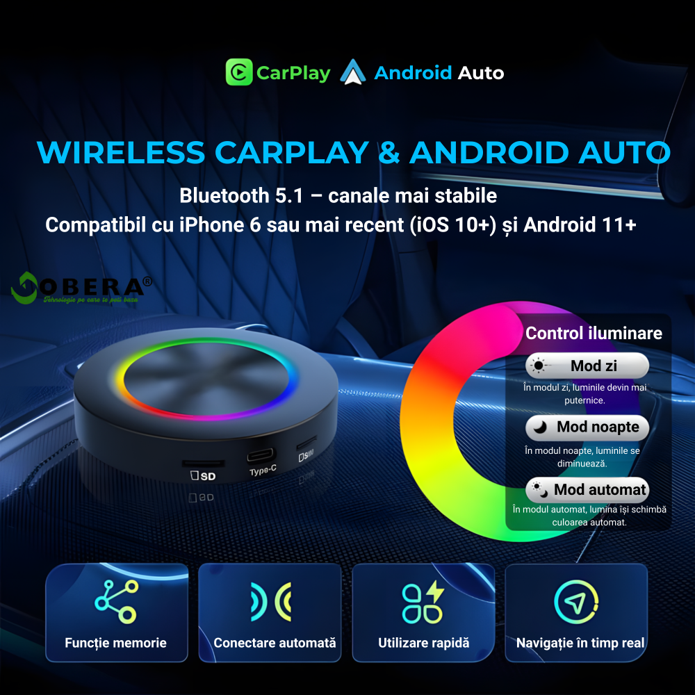 Adaptor Wireless CarPlay & Android Auto goBERA® AI Box cu Android 15, 8GB RAM + 128GB Stocare, Procesor Qualcomm Octa-Core 6350, Slot 4G SIM, Redare 4K, Ambient Light 7 Culori, Plug & Play [9]