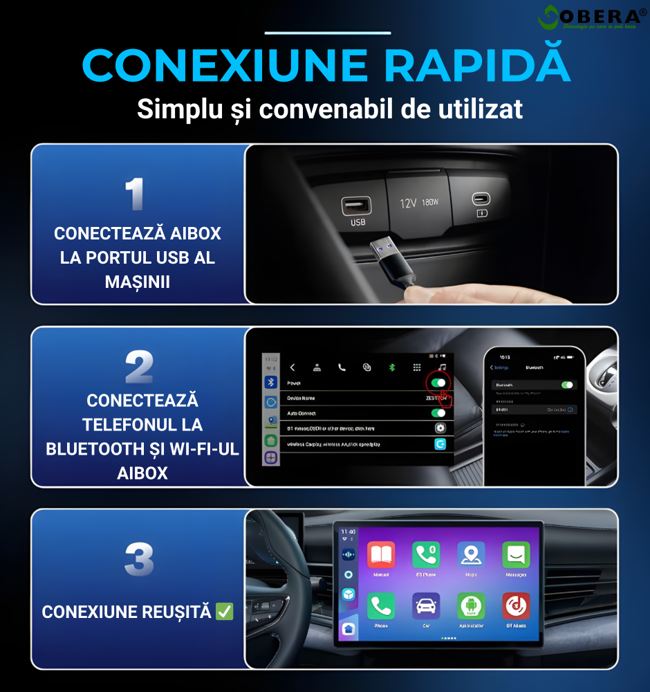 Adaptor Wireless CarPlay & Android Auto goBERA® AI Box cu Android 15, 8GB RAM + 128GB Stocare, Procesor Qualcomm Octa-Core 6350, Slot 4G SIM, Redare 4K, Ambient Light 7 Culori, Plug & Play [2]