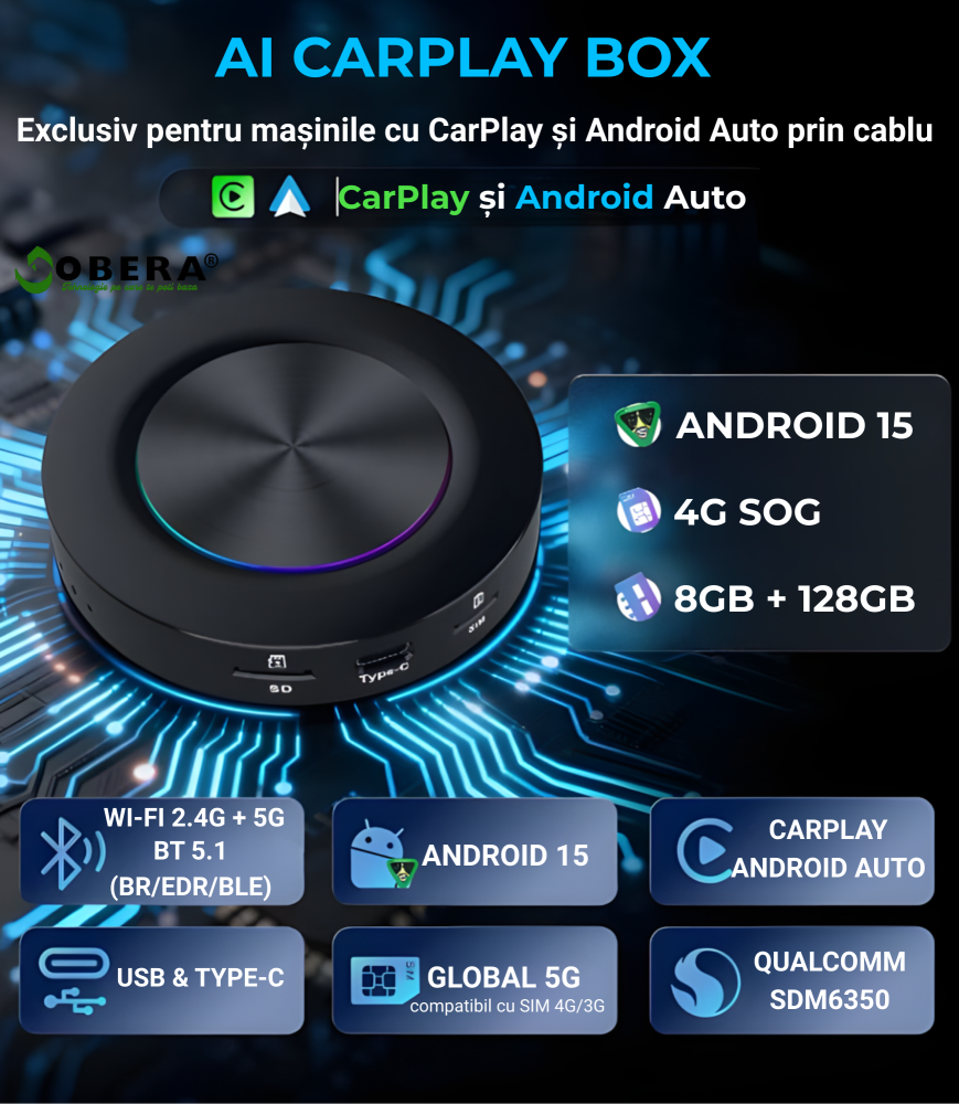 Adaptor Wireless CarPlay & Android Auto goBERA® AI Box cu Android 15, 8GB RAM + 128GB Stocare, Procesor Qualcomm Octa-Core 6350, Slot 4G SIM, Redare 4K, Ambient Light 7 Culori, Plug & Play [3]