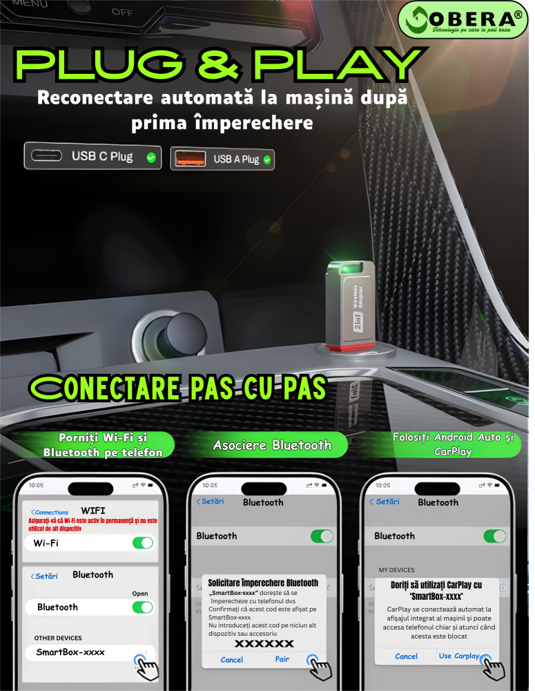Adaptor Wireless CarPlay & Android Auto goBERA®️ – Plug & Play, Reconectare Automata, Bluetooth 5.3, Wi-Fi 5G, Compatibil iPhone & Android, Control Vocal si Touch, Suport OEM, Negru [3]