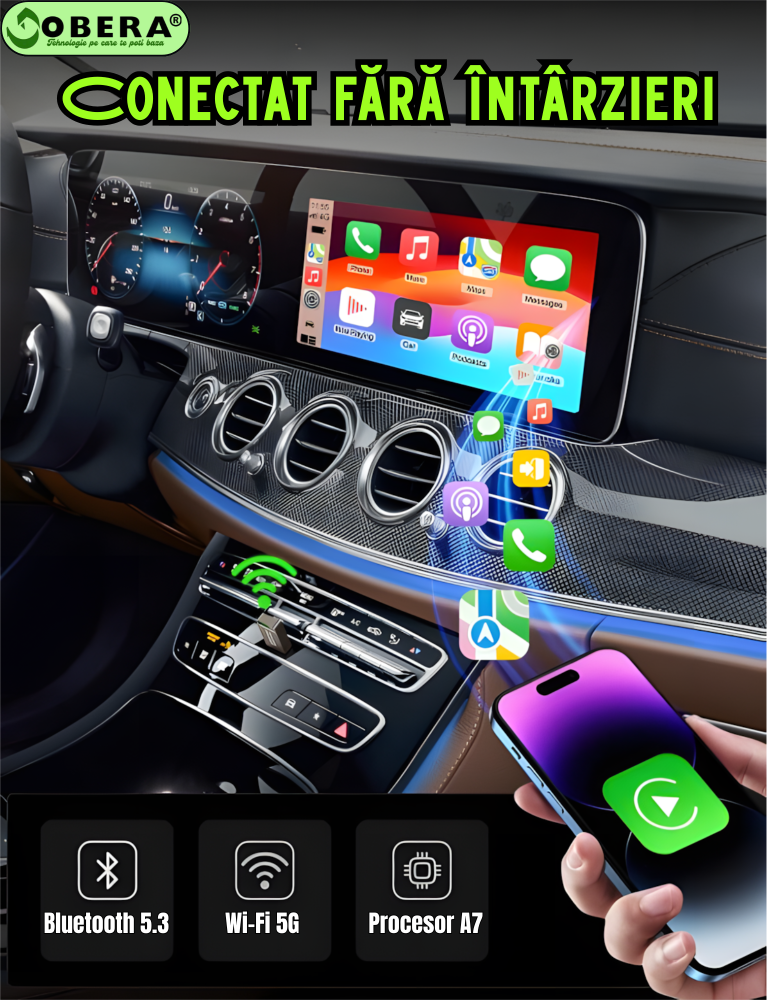 Adaptor Wireless CarPlay & Android Auto goBERA®️ – Plug & Play, Reconectare Automata, Bluetooth 5.3, Wi-Fi 5G, Compatibil iPhone & Android, Control Vocal si Touch, Suport OEM, Negru [5]