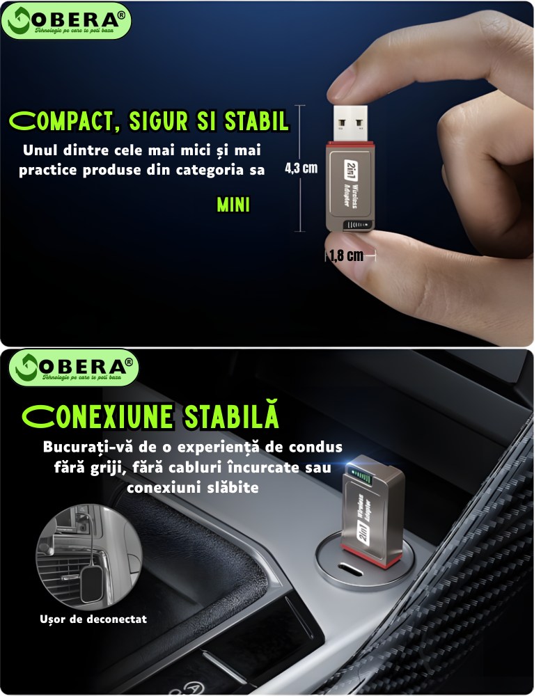 Adaptor Wireless CarPlay & Android Auto goBERA®️ – Plug & Play, Reconectare Automata, Bluetooth 5.3, Wi-Fi 5G, Compatibil iPhone & Android, Control Vocal si Touch, Suport OEM, Negru [2]