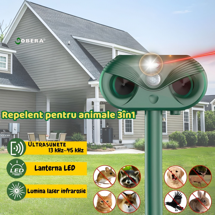 Aparat ultrasunete anti-daunatori goBERA®, Acumulator reincarcabil 1200mAh, Incarcare solara/USB, 5 moduri lucru, Reglaj intensitate, Senzor miscare, Rezistent la apa IP54, Impotriva animalelor salbat [8]