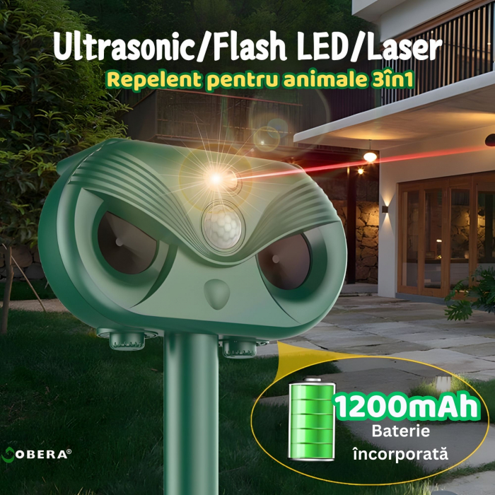 Aparat ultrasunete anti-daunatori goBERA®, Acumulator reincarcabil 1200mAh, Incarcare solara/USB, 5 moduri lucru, Reglaj intensitate, Senzor miscare, Rezistent la apa IP54, Impotriva animalelor salbat [2]