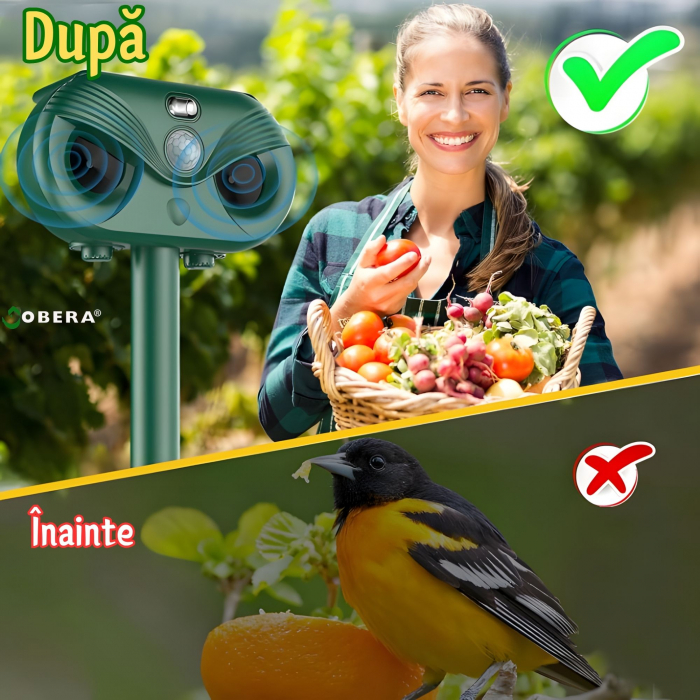 Aparat ultrasunete anti-daunatori goBERA®, Acumulator reincarcabil 1200mAh, Incarcare solara/USB, 5 moduri lucru, Reglaj intensitate, Senzor miscare, Rezistent la apa IP54, Impotriva animalelor salbat [5]