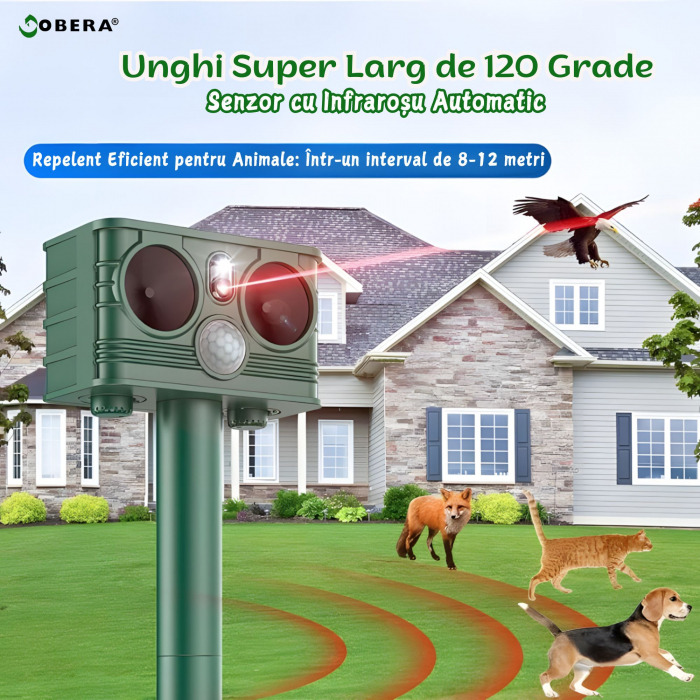 Aparat ultrasunete anti-daunatori goBERA®, Acumulator reincarcabil solar/USB, Anti rozatoare, Anti caini, Cerbi, Pisici, Unghi 120, Inerval 8-12m, Rezistent la apa IP54, Senzor miscare, Reglaj intensi [7]