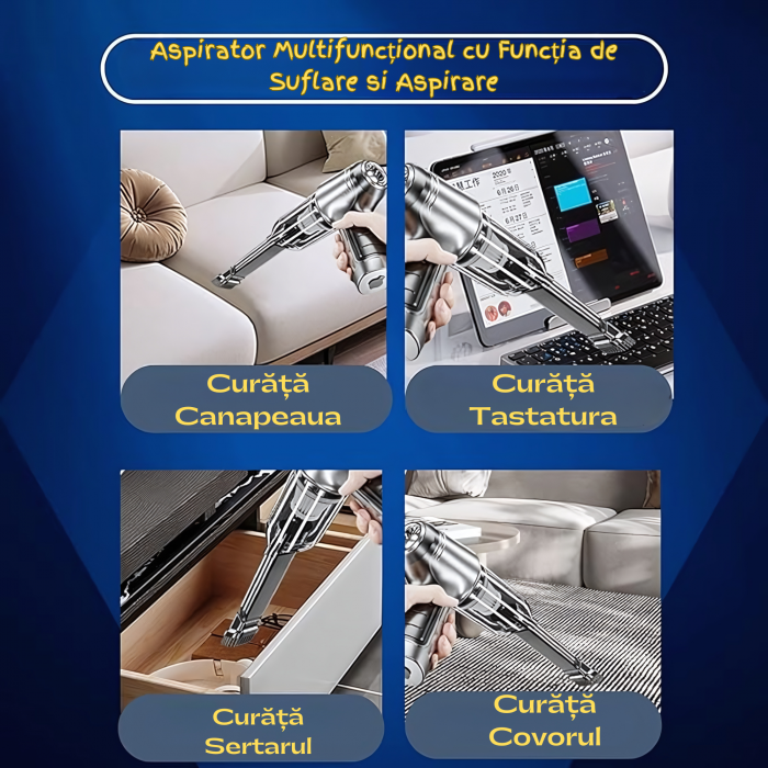 Aspirator de mana goBERA® Pro,3 in 1 portabil pentru Aspirare, Suflare, Sigilare, Tehnologie fara perii,2 viteze, Filtru HEPA, Senzor de incarcare/pornire,35500 Rpm,12000 Pa, Baterie 2x2000mAh, Utiliz [4]